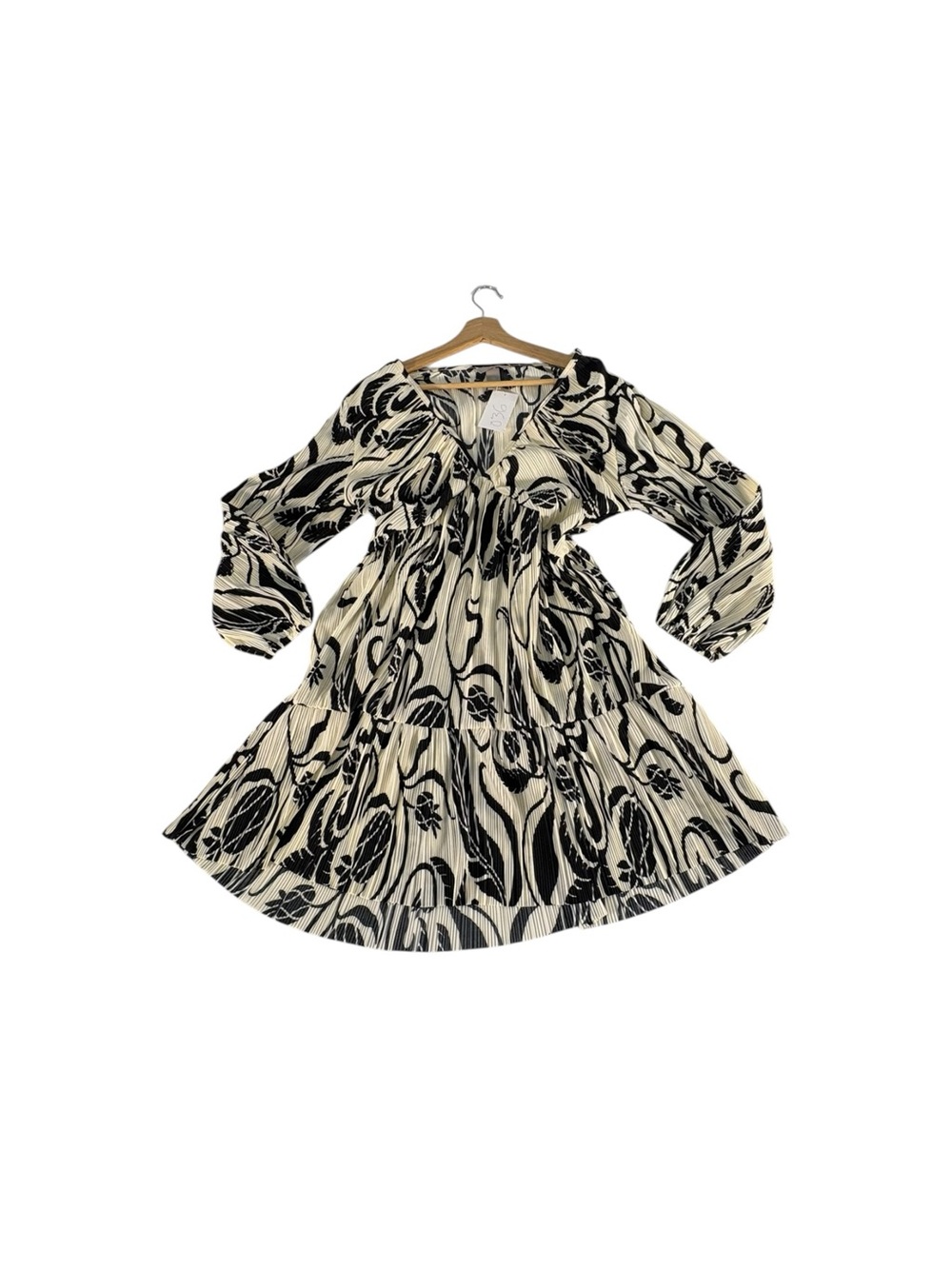 H&M Plissé Mini Dress XL NWT Black Cream Floral Balloon Sleeve Boho Cottagecore - Picture 4 of 10